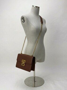 Brown Minimalist Metal Decor Chain Shoulder Bag Elegant PU Crossbody Bag